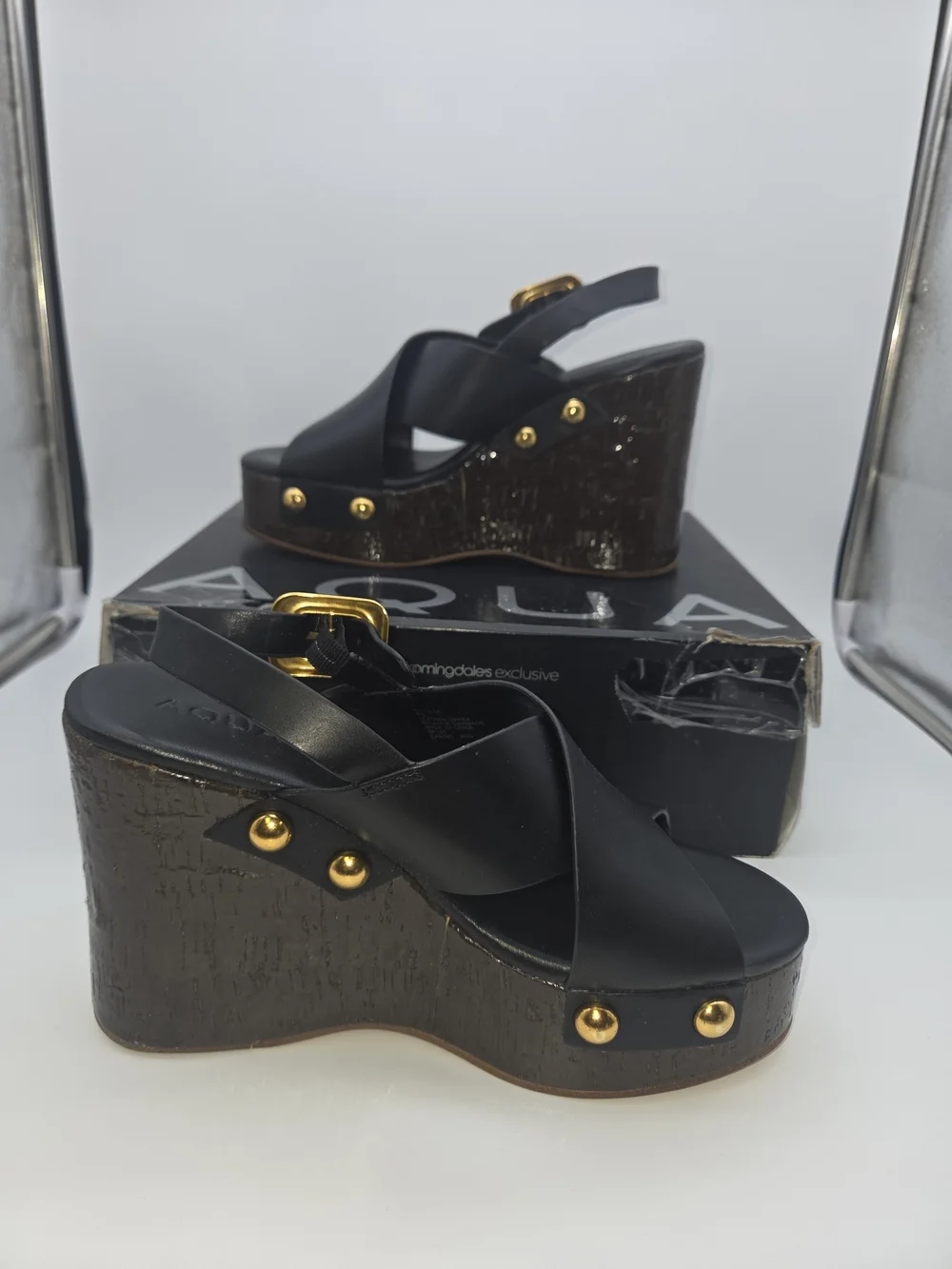 Black And Brown Platform Wedge Sandals with Gold Studs
